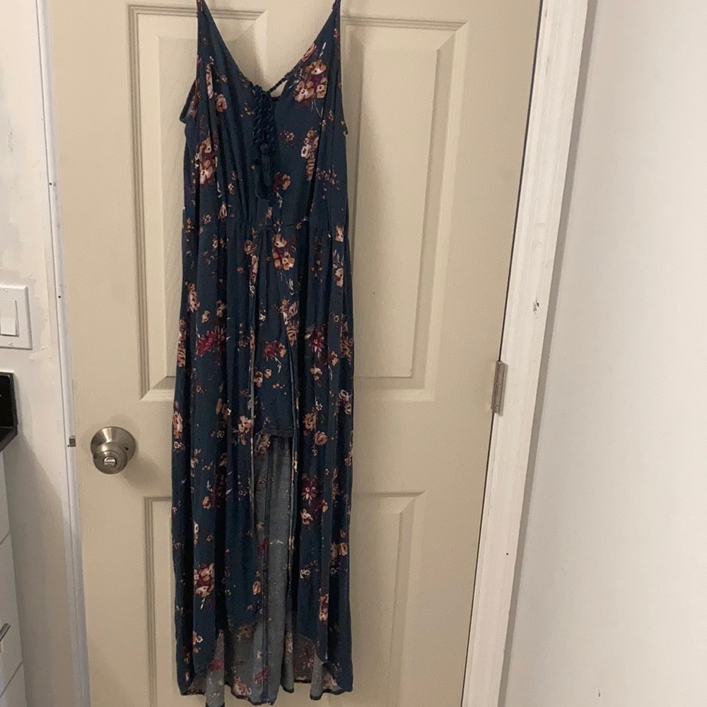 Blue flower print high low dress